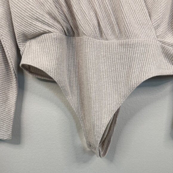 Express Beige Ribbed Wrap Bodysuit Top With Tie Waist Womens L - Picture 8 of 13